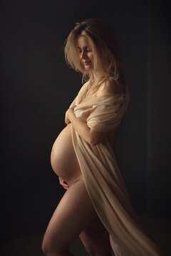 Beautiful partly naked pregnant woman wrapped in piece of fabric. Image with selective focus, toning and noise effect.