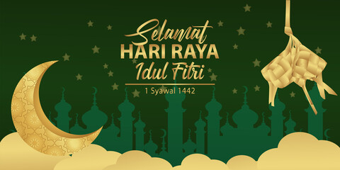 Concept design Selamat Hari Raya Idul Fitri 1442 Hijriah with golden crescent moon and ketupat elements. Vector Illustration.