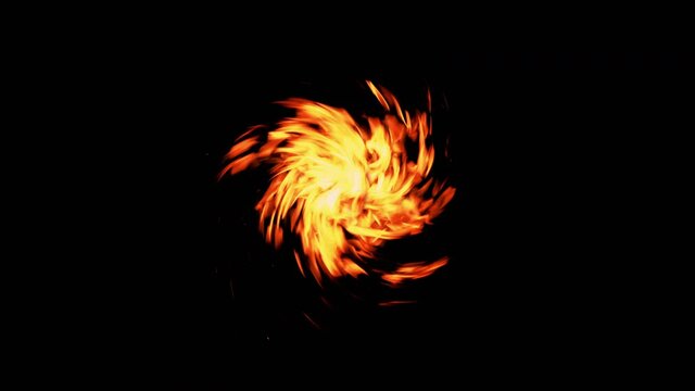 Fire swirl. Hot sale. Black Friday. Burning vortex. Bright orange red flame sparks spiral spin hypnotic motion isolated on dark copy space background.