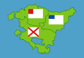Mapa de las tres provincias del País Vasco o Euskadi con las banderas se sus respectivas capitales vascas - obrazy, fototapety, plakaty