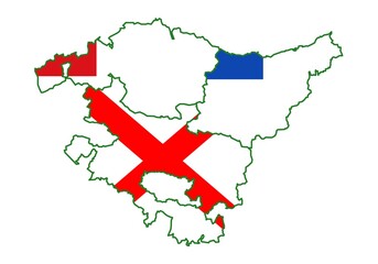 Mapa de las tres provincias del País Vasco o Euskadi con las banderas se sus respectivas capitales vascas - obrazy, fototapety, plakaty