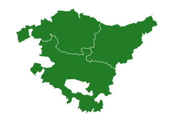 Mapa del País Vasco o Euskadi con las provincias de Guipúzcoa, Donostia, Vizcaya y Bilbao. Silueta del mapa del País Vasco en verde