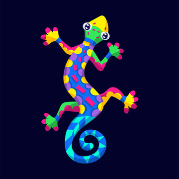 colorful gecko climbing dark background
