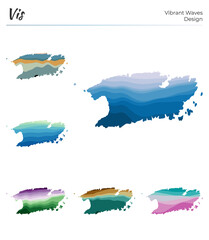 Set of vector maps of Vis. Vibrant waves design. Bright map of island in geometric smooth curves style. Multicolored Vis map for your design. Astonishing vector illustration.