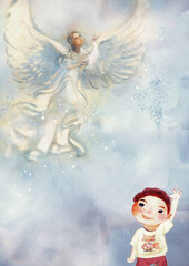Boy and angel. Watercolor background