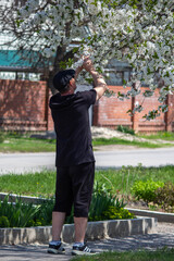 The man who sniffs the leaves on the tree 