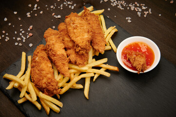 French fries with strips and red hot sauce with insert
