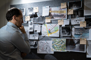 Policeman Searching Crime Investigation Board