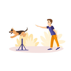 Vector illustration in cartoon style isolated on white background. Boy training his pet in the park. German shepherd having agility lesson. Jump command training