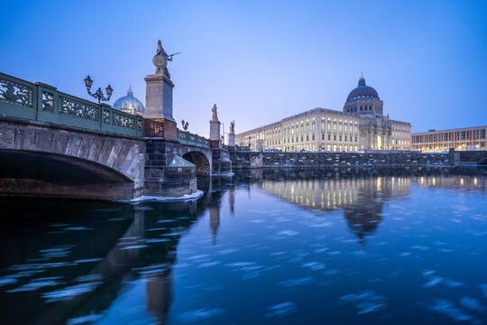 Berlin Palace (Berliner Schloss) and frozen Spree River at night