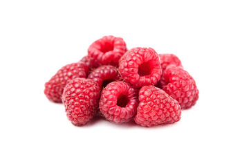 Fresh raspberries bunch isolated on white background. Heap of red raspberries