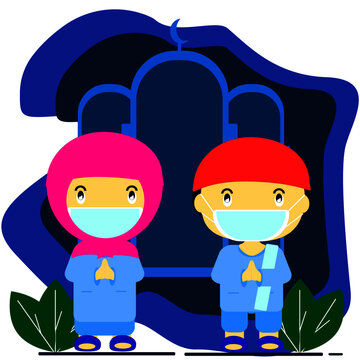 cartoon kids mosleem ied mubarak during pandemic covid wear a mask