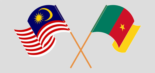 Crossed and waving flags of Malaysia and Cameroon