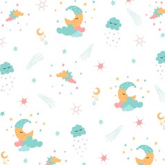 Vector seamless patterns for wallpaper kids room. seamless patterns with cute cartoon characters star, cloud, moon. Good night, sweet dreams illustration. For children design and textiles