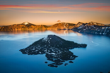 Crater Lake and Moon in vibrant sunset colors