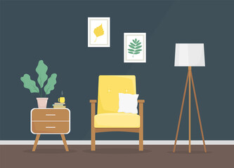 Living room with yellow armchair, chest and house plant. Cozy home interior. Flat vector illustration