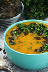 A bowl with home-made pumpkin soup
