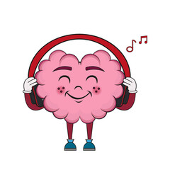 Isolated cartoon of a cartoon brain listening to music