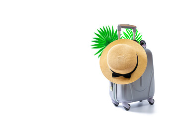 Summer background wood. Womens accessories traveler: suitcase, straw hat, sunglasses isolated on white with empty space for text. Design of summer vacation holiday with copy space.