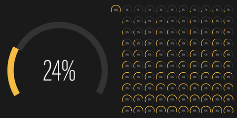 Fototapeta na wymiar Set of circular sector arc percentage diagrams meters progress bar from 0 to 100 ready-to-use for web design, user interface UI or infographic - indicator with yellow