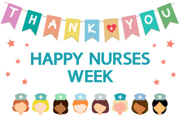 Happy Nurses Week medical concept on white. Garland of colored flags, text "thank you", heart and  nurses. 