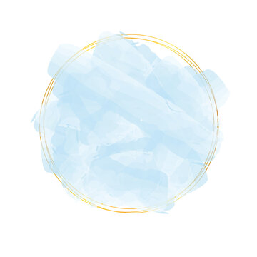 Blue Round Watercolor Banner With Gold Frame  Isolated On White Background	