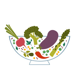 Vegetables in a transparent bowl. Vector illustration on white background. Food for vegetarians and raw food clipart isolated