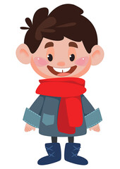 A boy in a warm jacket and scarf. Big head. Vector illustration in cartoon children s style. Isolated funny clipart on a white background. Cute print fun