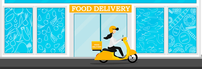  The courier delivers food on a yellow scooter from the store. Fast food delivery from the store. 