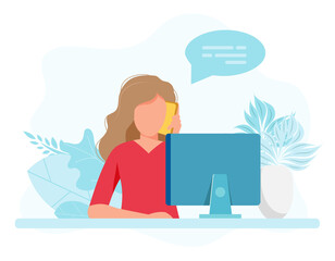 Fototapeta premium Secretary woman sitting at a desk responding to a call. Vector illustration in flat style