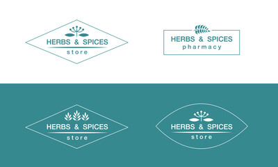 Vector illustration of four variants of herbs and spices store or pharmacy logos with changeable text for banner, advertisement, signage, catalog, product design. Line art with floral elements
