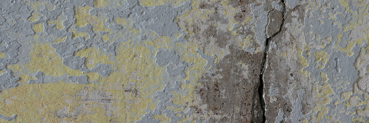 Vintage wall texture. Weathered rough surface of a plastered concrete wall with a crack and faded paint. Wide panoramic texture for background and design.