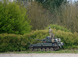british army FV107 Scimitar armoured tracked military reconnaissance vehicle on maneuvers Salisbury...