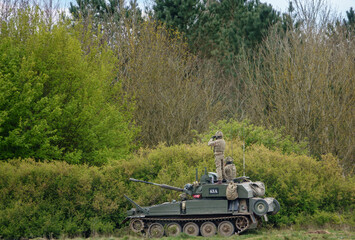 Fototapeta na wymiar british army FV107 Scimitar armoured tracked military reconnaissance vehicle on maneuvers Salisbury Plain military training area
