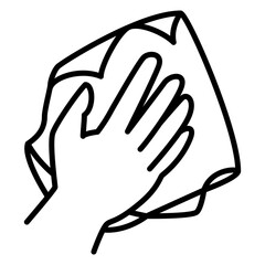 A hand with a napkin wipes dust. Cleaning the surface from dirt, hygiene, disinfection, removal of stains. Vector Icon, Outline, Isolated, 48x48 Pixel.