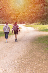 Two young teenagers walking along a rural stone path on a sunny afternoon.