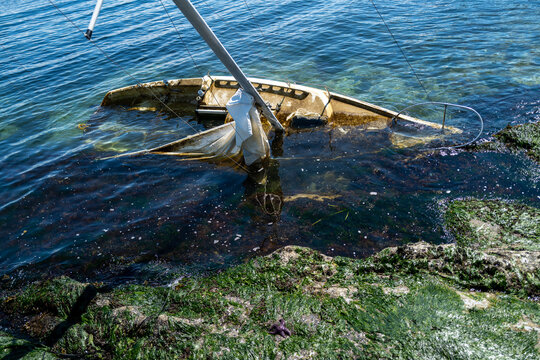 A shipwrecked sailboat washed up on a remote island in the San Juan Islands