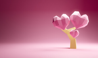 3d illustration of a tree of love. Plants in shape of hearts. Low-poly image of a valentine's day card