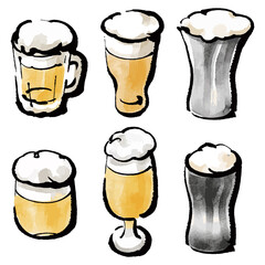 イラスト素材：グラスに注がれたビール　カラフルイラスト　セット