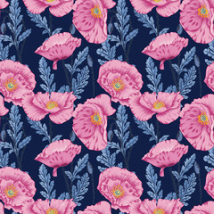 Seamless Pink  Papaver Rhoeas Flowers with Blue Leaves Pattern