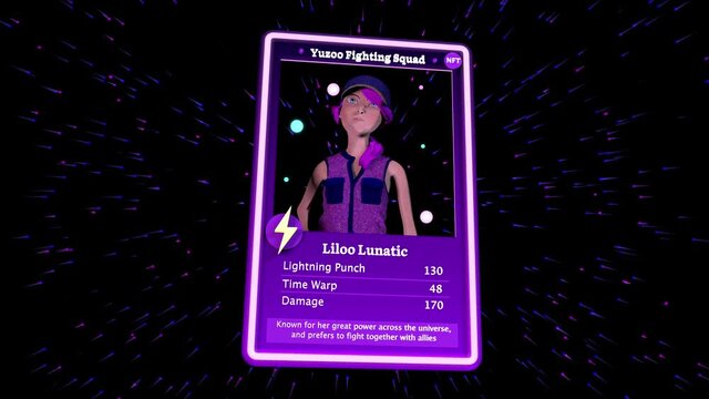NFT digital collectible card -  A non fungible token with animated action hero lady in 3d. Blockchain valuable concept. 3d render animation.