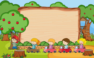 Playground scene with blank banner many kids doodle cartoon character