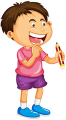 Happy boy cartoon character holding a pencil