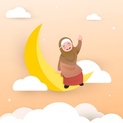 cute girl sitting on the moon at night greeting