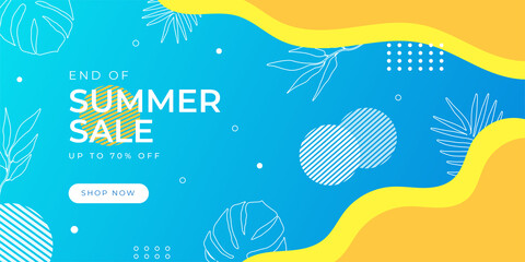 Summer sale vector banner design with colorful beach elements and sale text in white space and blue beach background