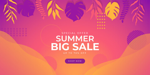 Summer sale vector banner design with colorful beach elements and sale text in white space and blue beach background