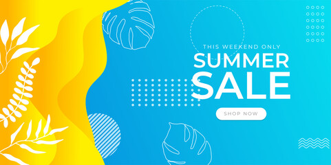 Fototapeta na wymiar Summer sale vector banner design with colorful beach elements and sale text in white space and blue beach background