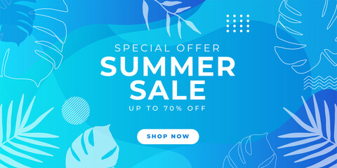 Summer sale banner with paper cut leaves and tropical leaves background, exotic floral design for banner, flyer, invitation, poster, web site or greeting card. Paper cut style, vector illustration