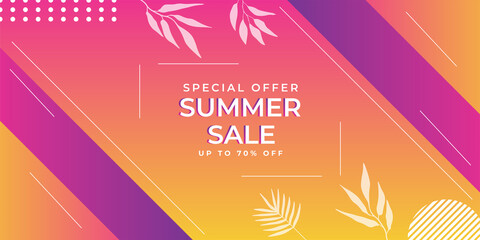 Summer Sale promo web banner. Top view on sun glasses, watermelon pieces, cocktail, smartphone, orange and seashells on wooden texture. Vector illustration with spesial discount offer.