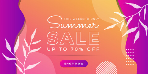 Summer Sale promo web banner. Top view on sun glasses, watermelon pieces, cocktail, smartphone, orange and seashells on wooden texture. Vector illustration with spesial discount offer.